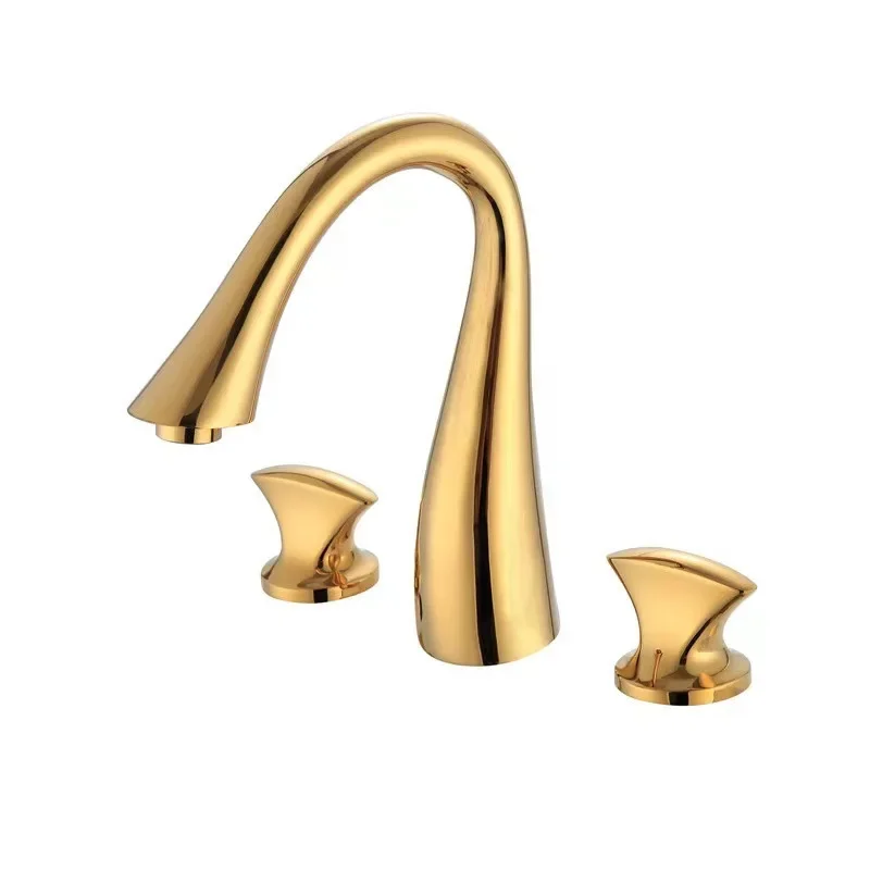 

French retro three-hole faucet bathroom cabinet basin all-copper hot and cold faucet double handle split gold electroplated fauc