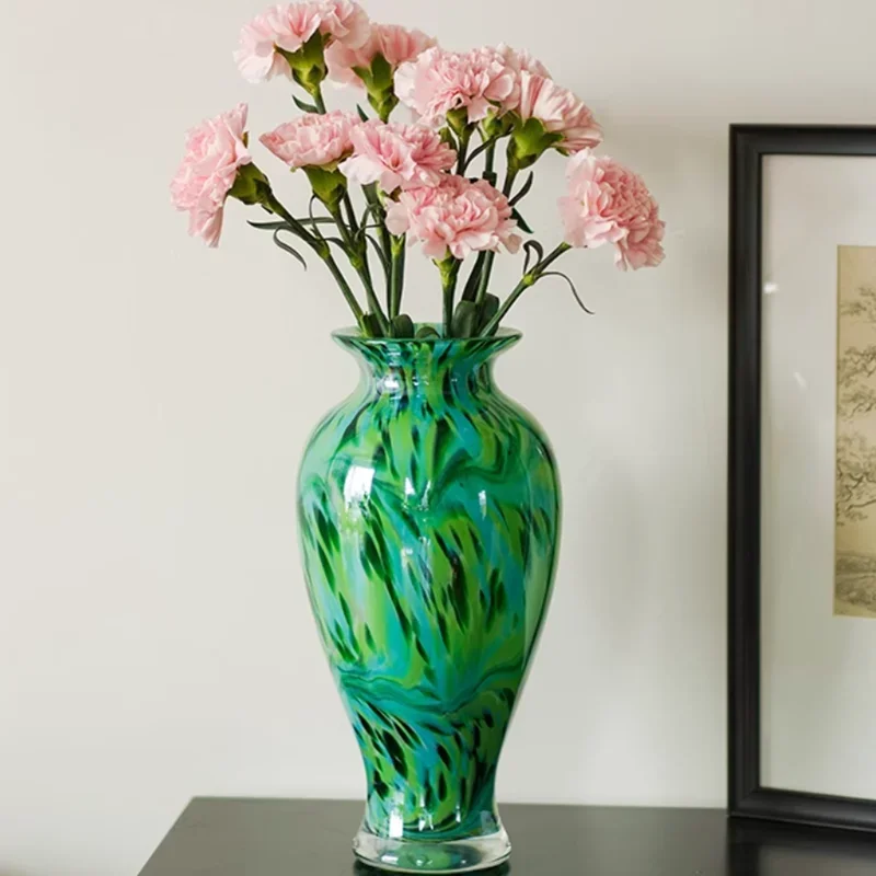 New Chinese Style Glazed Green Glass Vase, Living Room Decoration Ornament, Hydroponic Vase, Glass Container, Flower Arrangement