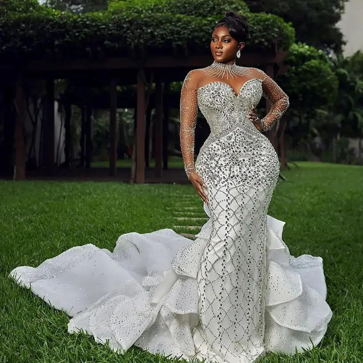 Customized Illusion High Collar Sparkly Heavy Crystals Beads Luxury Mermaid Wedding Dress Plus Size Long Sleeves Bridal Gown