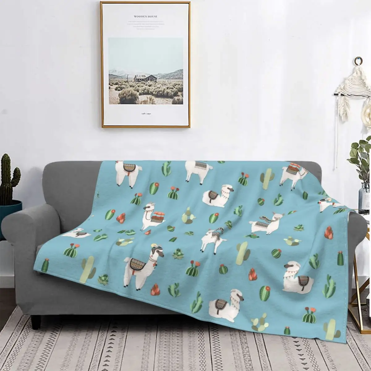 

Lama and Cactus Pattern Wool Blanket Flannel Spring and Autumn Multifunctional Super Soft Blanket Bedding Travel Quilt