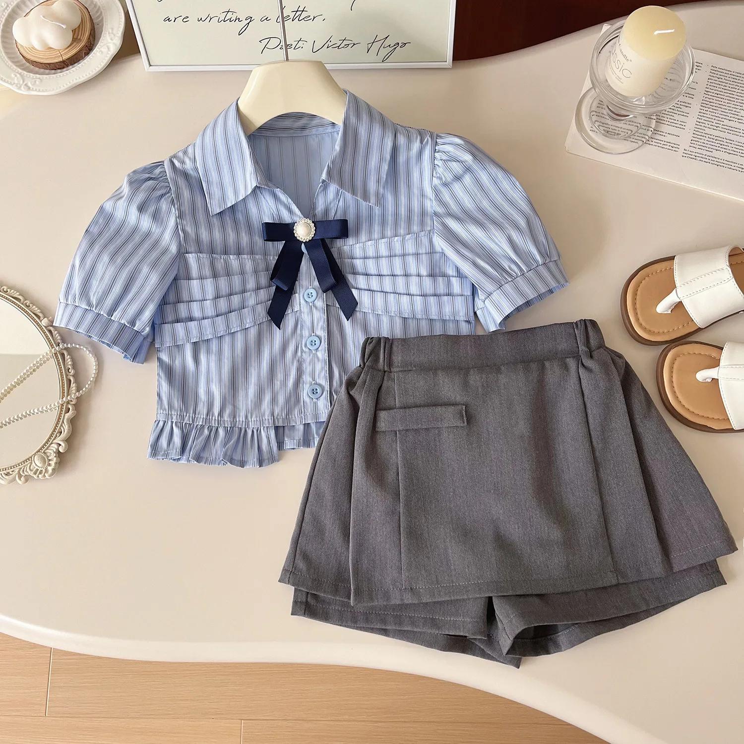 

2025 Summer New Korean Version Girls Striped Shirt Pants Set Girls Casual Shirt Two-piece Set Fashion casual