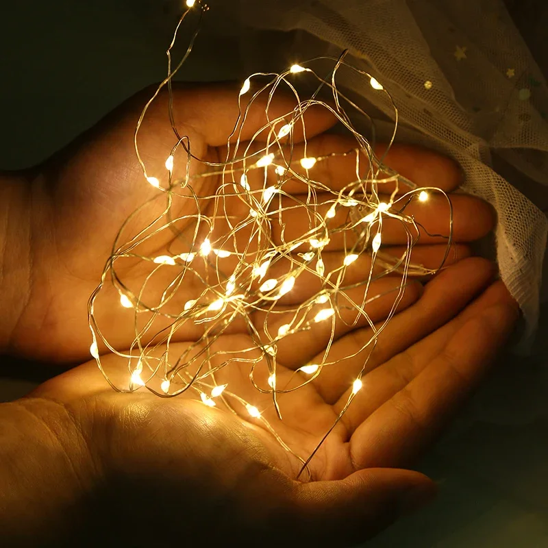 Cadena de luces LED con batería, guirnalda de alambre de cobre, luces de hadas, decoración de dormitorio, fiesta de jardín al aire libre, Navidad, 50