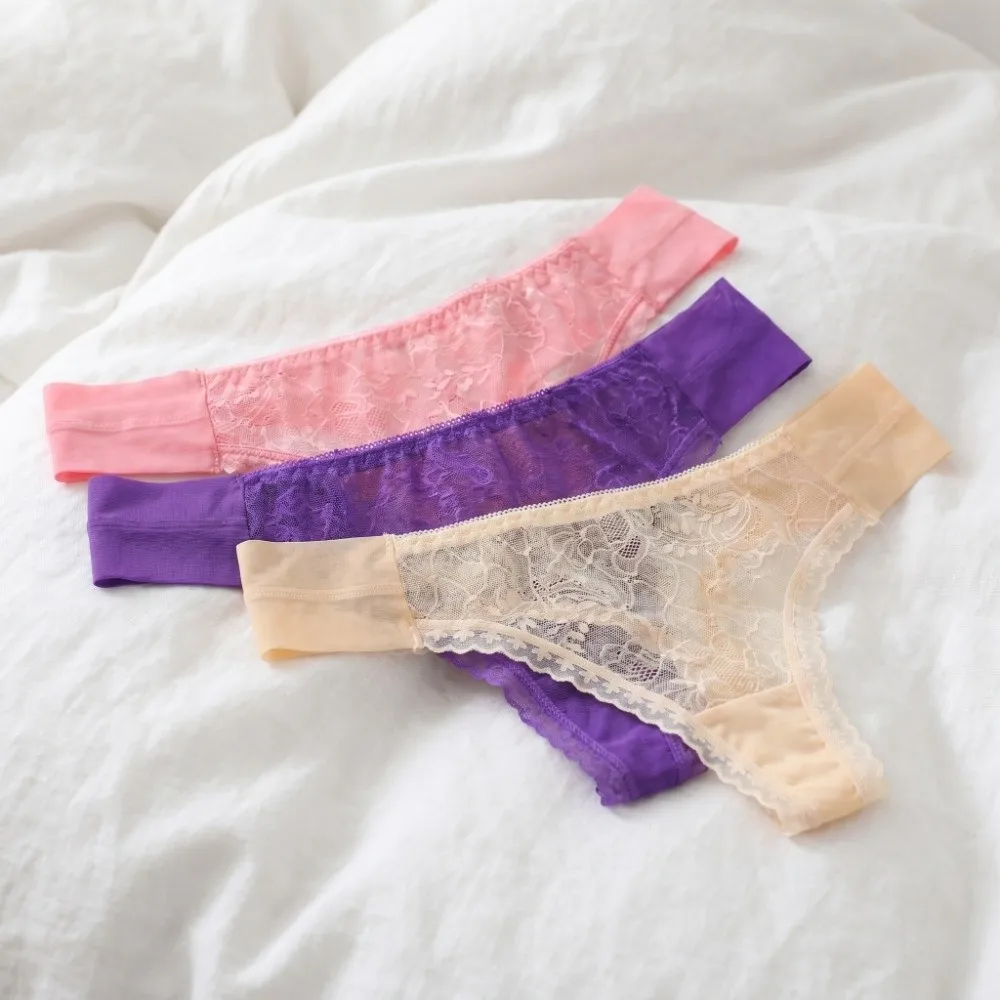 Breathable Low Waist Mesh Sheer Lace Thong Cotton Crotch Transparent Mesh Briefs Women Seamless Hollow Romantic T Panties Home