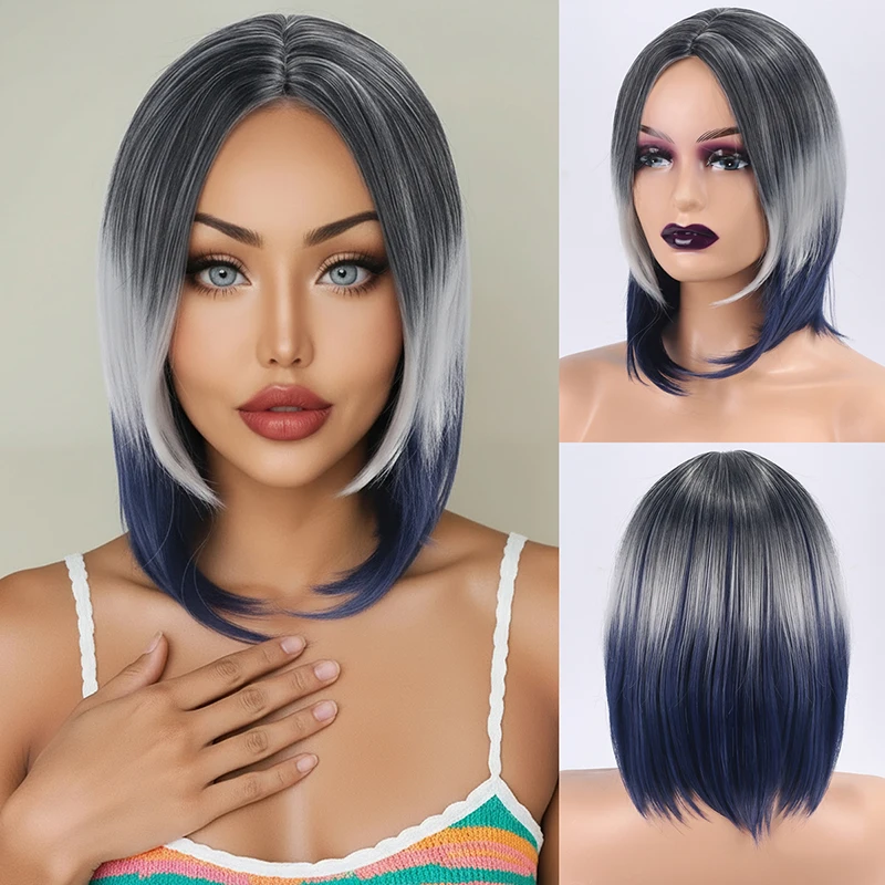 

Women's full-head wig with short straight hair and gradual blue tone bangs Synthetic fiber wig