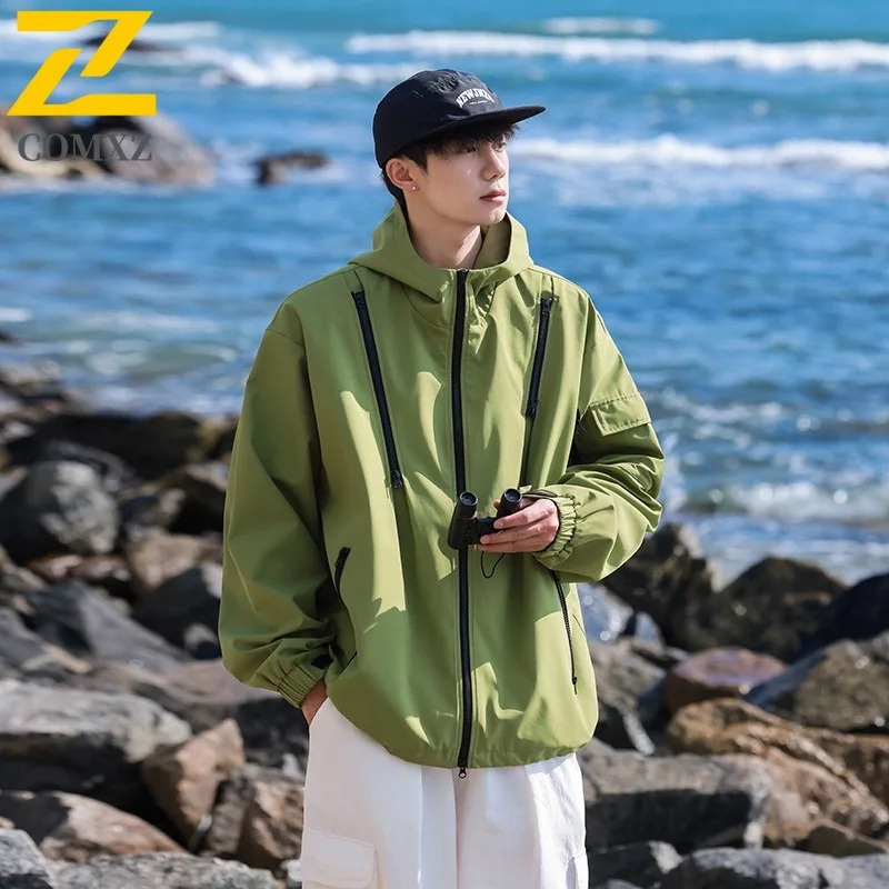 

COMXZ 2025 Mens Womens Color Block Windbreaker American Functional Jacket Spring Multi Zipper Hooded Loose Fit Casual Coat