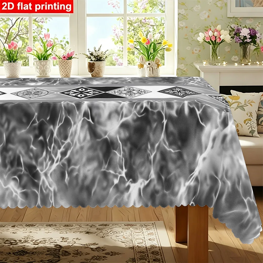 1PC Rectangular tablecloth in black and white marble texture with elegant geometric vintage tile pattern made of durable polyest