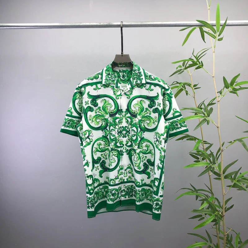 

Men's casual spring and autumn new cardigan short-sleeved blue and white porcelain series printed shirts