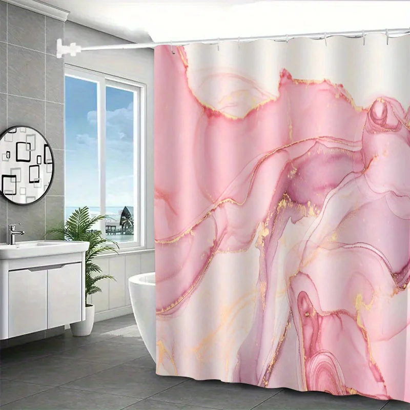 1pc with Hook Shower Curtain Pink Gradient Marble Pattern with High-End And Elegant, Bathroom Multifunctional, Bathroom Decorati