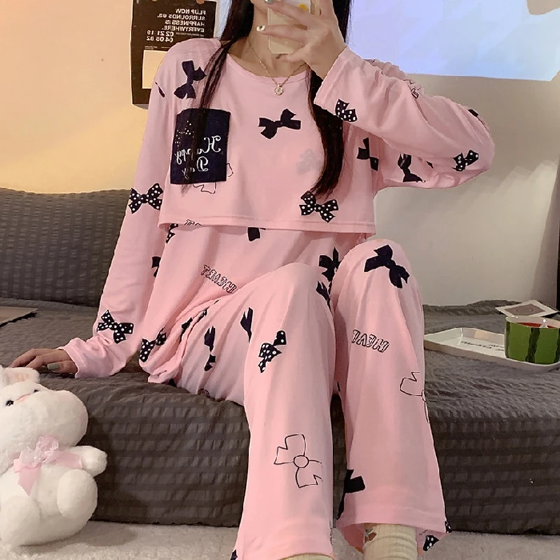 Women Nursing Pyjamas Homewear Spring Autumn Maternity Pajamas Set Cute Breastfeeding Clothes Long-sleeved Pregnancy Sleepwear