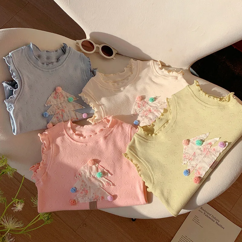 T-shirt per bambini t-shirt per bambini con canotta colorata per bambine con orecchie in legno e pizzo per ragazze