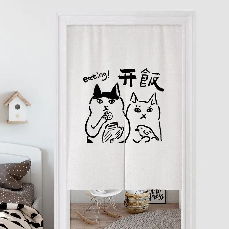 Minimalistischer Katzen-Skizzen-Stofftürvorhang Nordischer Lustiger Halbtürvorhang Ohne Bohren Hängender Türvorhang
