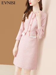 EVNISI-vestido rosa de Tweed para mujer, Vestidos de punto con cuello Peter Pan, a cuadros, para oficina, otoño e invierno, 2022