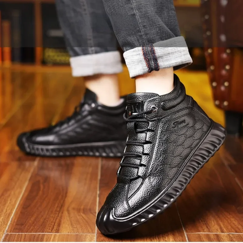 Winter Cowhide Warm Wool Snow Boots For Men Fashion Soft-soled Men's Cotton Shoes Designer Casual Black Ankle Boots Men