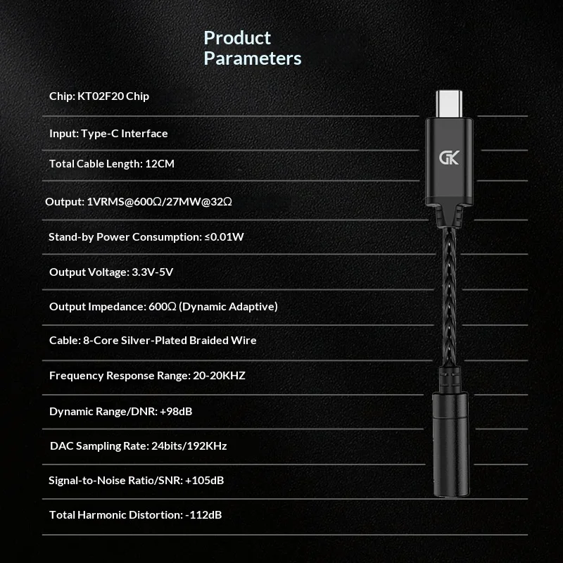 Gk X1 Type-C To 3.5mm Earphone Adapter Hifi Dac Audio Amplifier 24bit 96khz High Resolution Plug And Play For Mobile Phones