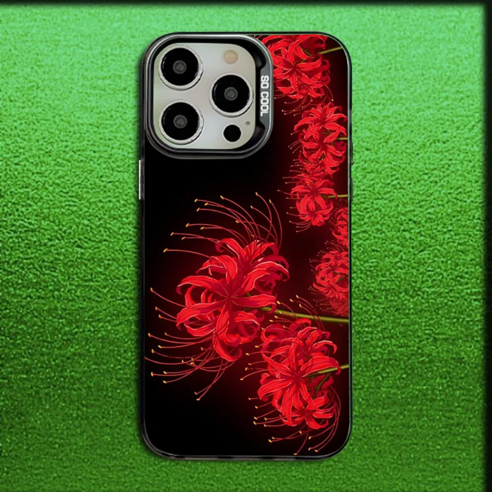 แมงมุมสีแดง Lily ดอกไม้ของนรกเคสโทรศัพท์สําหรับ iPhone 16,15,14,13,12,11,Mini,Pro,MAX สีเทาซิลิโคนปกสีดํา