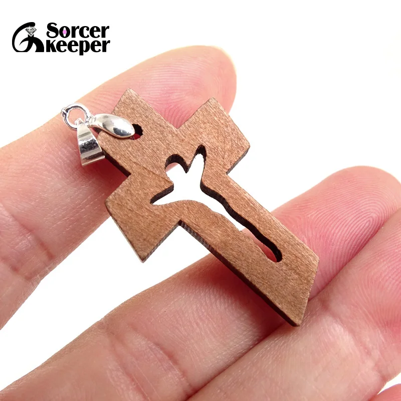 100 PCS New Natural Wooden Crosses Carved Jesus Crucifix Cross & Clip Bail Charm Pendants Statue Sculpture Jewelry for Necklace