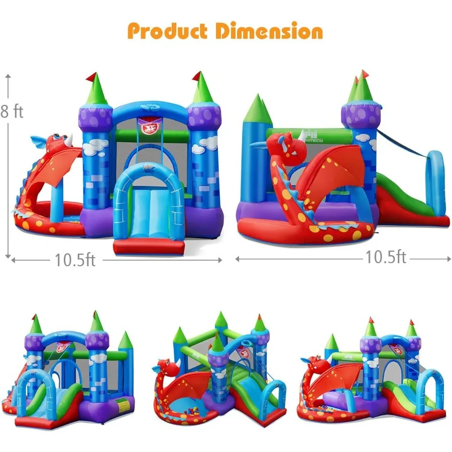 Casa inflable de rebote, casa hinchable de dragón para niños, fiesta interior al aire libre con zona de salto, llanta de baloncesto, castillo de salto para niños pequeños