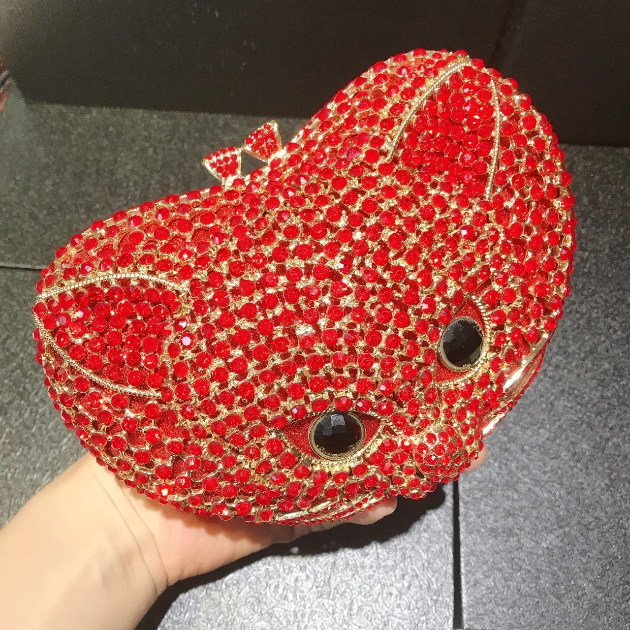 

XIYUAN Fox Cat Shape Red Woman Clutch Crystal Evening Purse Wedding Diamond Bag Lady Cocktail Banquet Rhinestone Animal Handbag