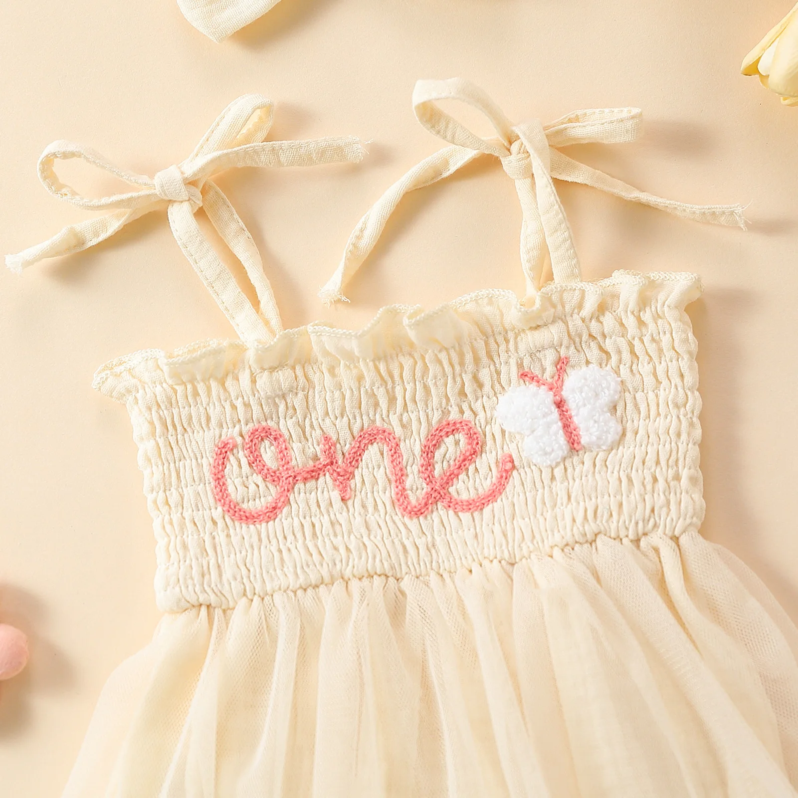 Baby Girl Cute Towel Embroidery Suspender Mesh Dress + Bow Headband Set of 2 #E2303A