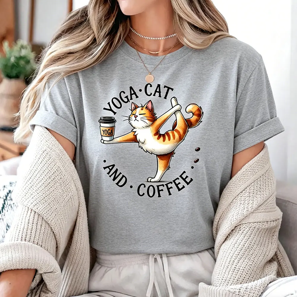 2026 Summer Fashion Casual Short-sleeve Yoga Cat and Coffee Graphic Shirt Zen Kitten Meditation Graphic T Shirts Women Clothing