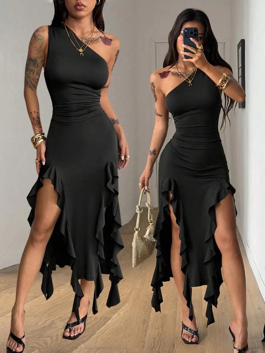 

Black Asymmetrical Off Shoulder Ruffle Dress Stretchy Bustier Party Elegant Summer Women