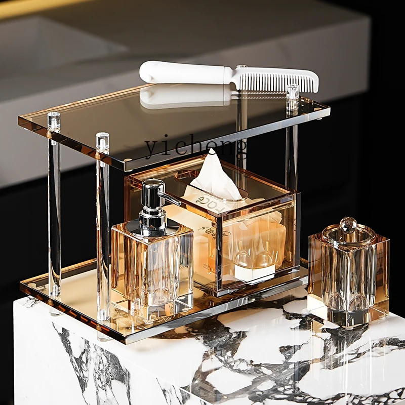 

ZZ Light Luxury Hotel Crystal Glass Bathroom Wash Desk Double Shelf Storage Shelf living room decoration