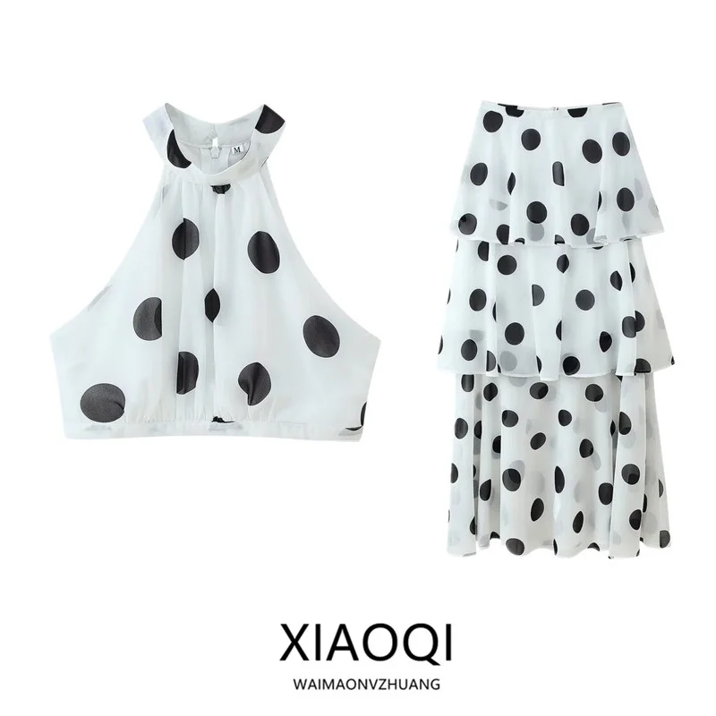 

Summer 2025 Women's Faion Polka Dot Print Svel Top And Midi Skirt Set mid Waist f Body Skirt Versatile Matching