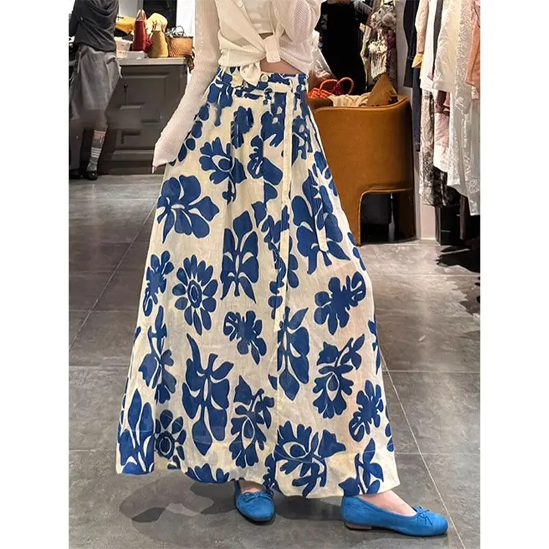 

Women Summer Elegant Temperament Blue Printing High Waist Appear Thin Skirt Ladies Fashion All-match Office Lady A-line Skirt