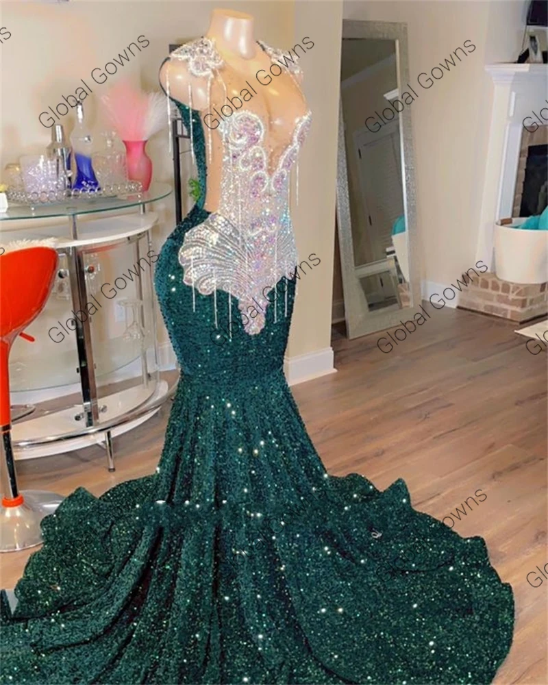 Real Picture Green Sheer O Neck Long Prom Dress For Black Girls Beaded Crystal Tassel Birthday Party Dresses Sequined Evening