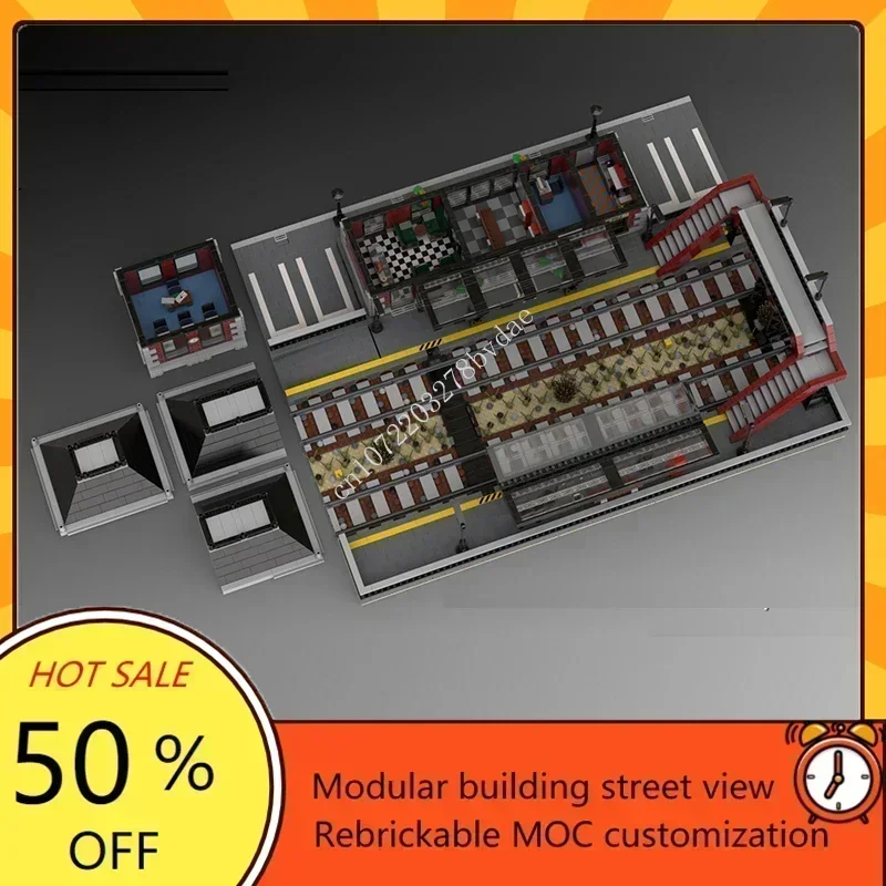 Городской железнодорожный вокзал, модульная MOC, креативная модель с видом на улицу, пазлы на заказ, архитектура, сделай сам, образование, сборная модель, игрушки, подарки