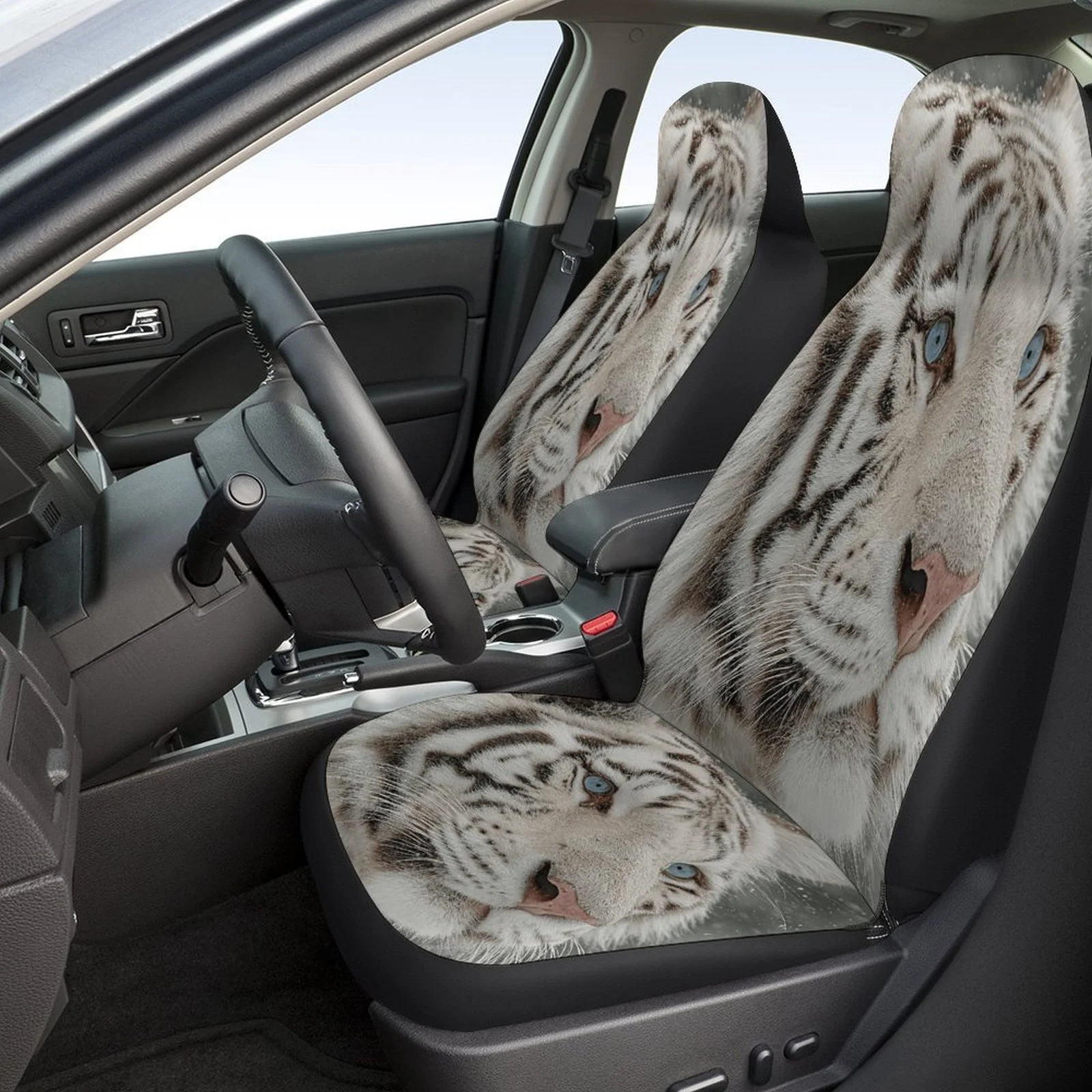 White Wolf Portrait Designed Car Seat Cover Set For Most Cars, Trendy Novelty High-quality Car Seat Protector Covers Full Set, U