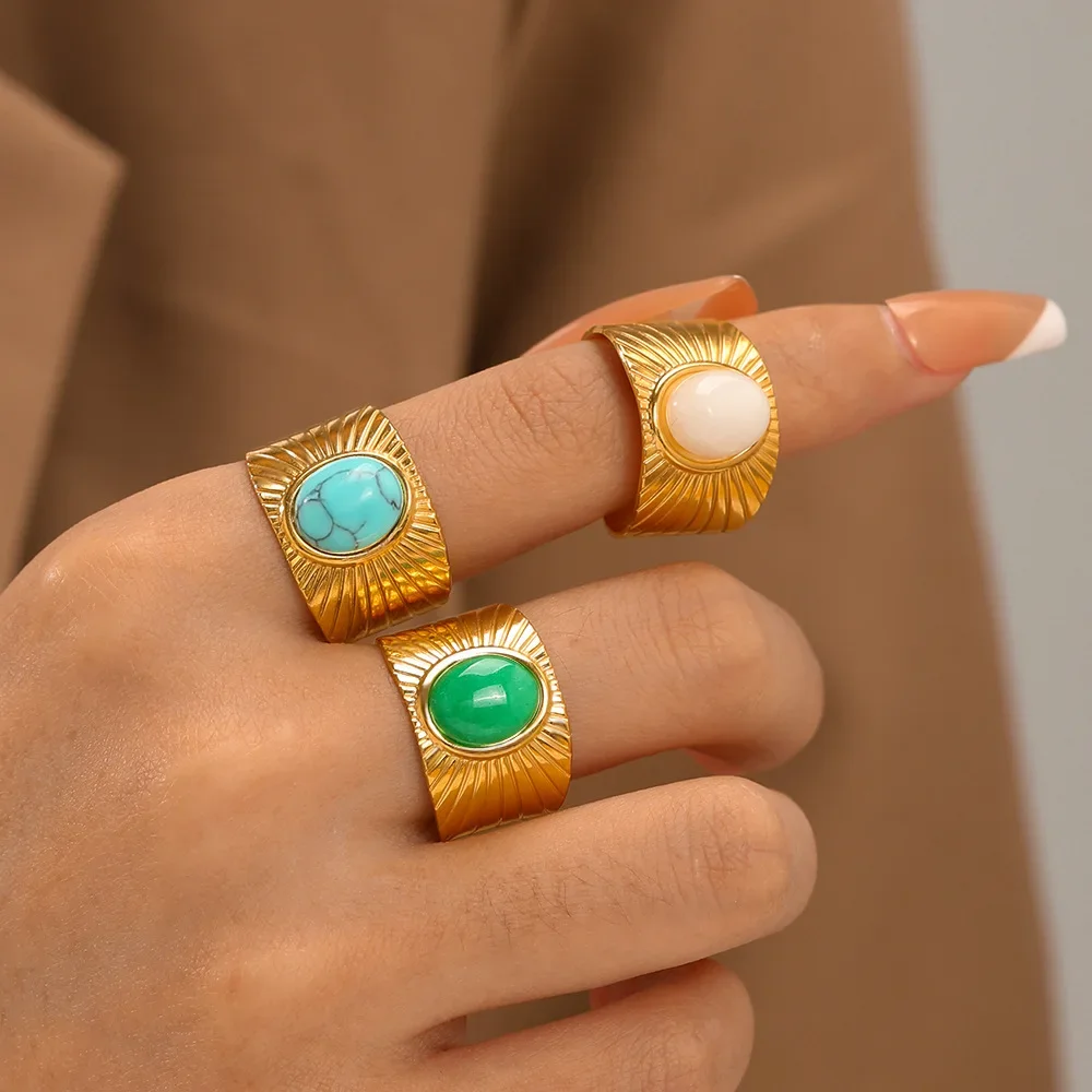 Stainless Steel Round Stone Rings For Women Vintage Colorful Ball Natural Stones Adjustable Finger Ring Jewelry Gift Bague
