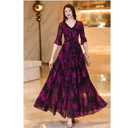 High-Quality Temperament Fashion Slim Chiffon Ladies' Big Swing Skirt  New Printed Cropped Sleeve dress Comfortable zipper Long