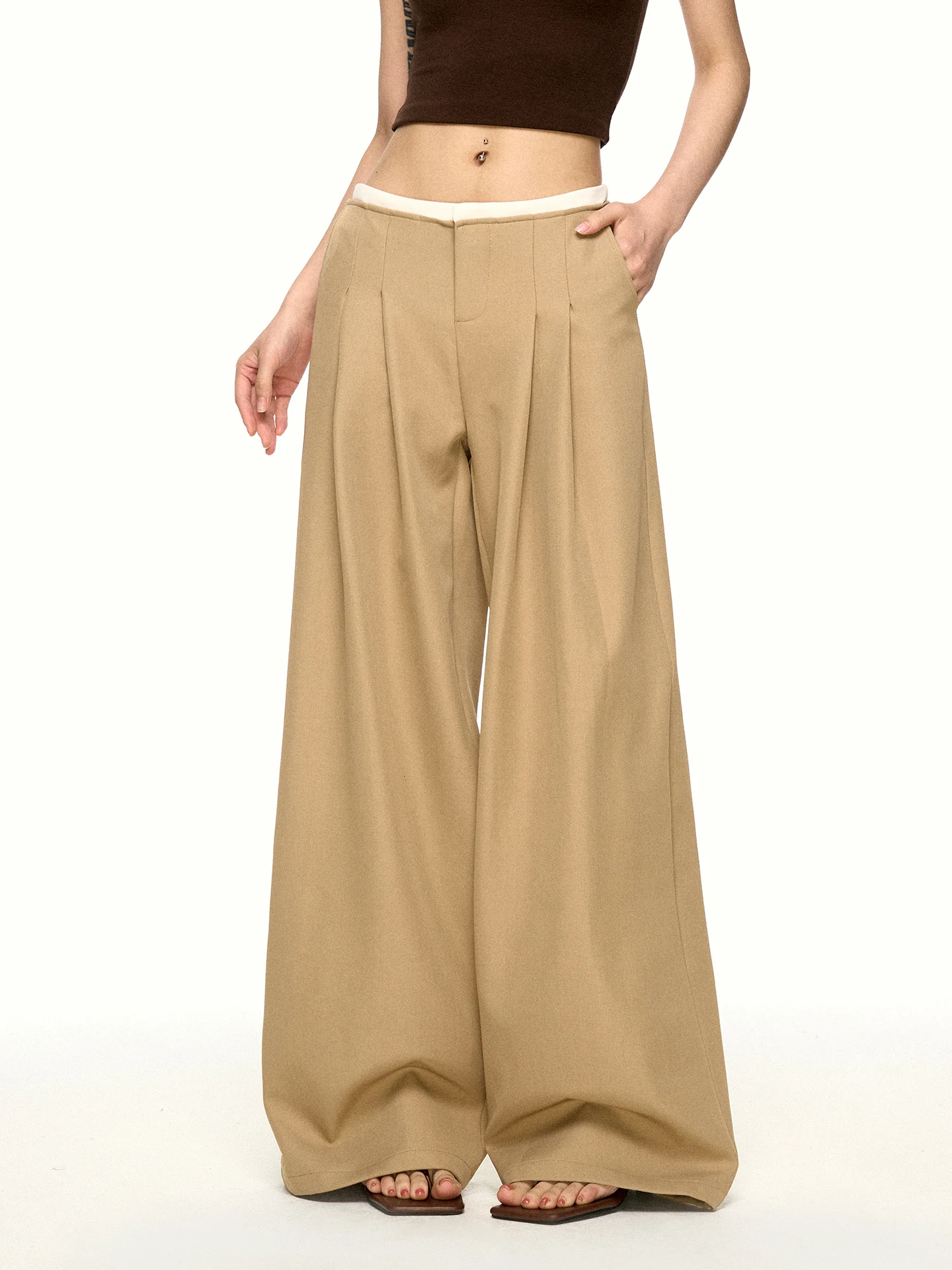 Khaki Wide Leg Pants Women's Summer Design Sense Pleated Versatile Slimming Casual Long Trousers Drapey Loose Fit Natural Waist