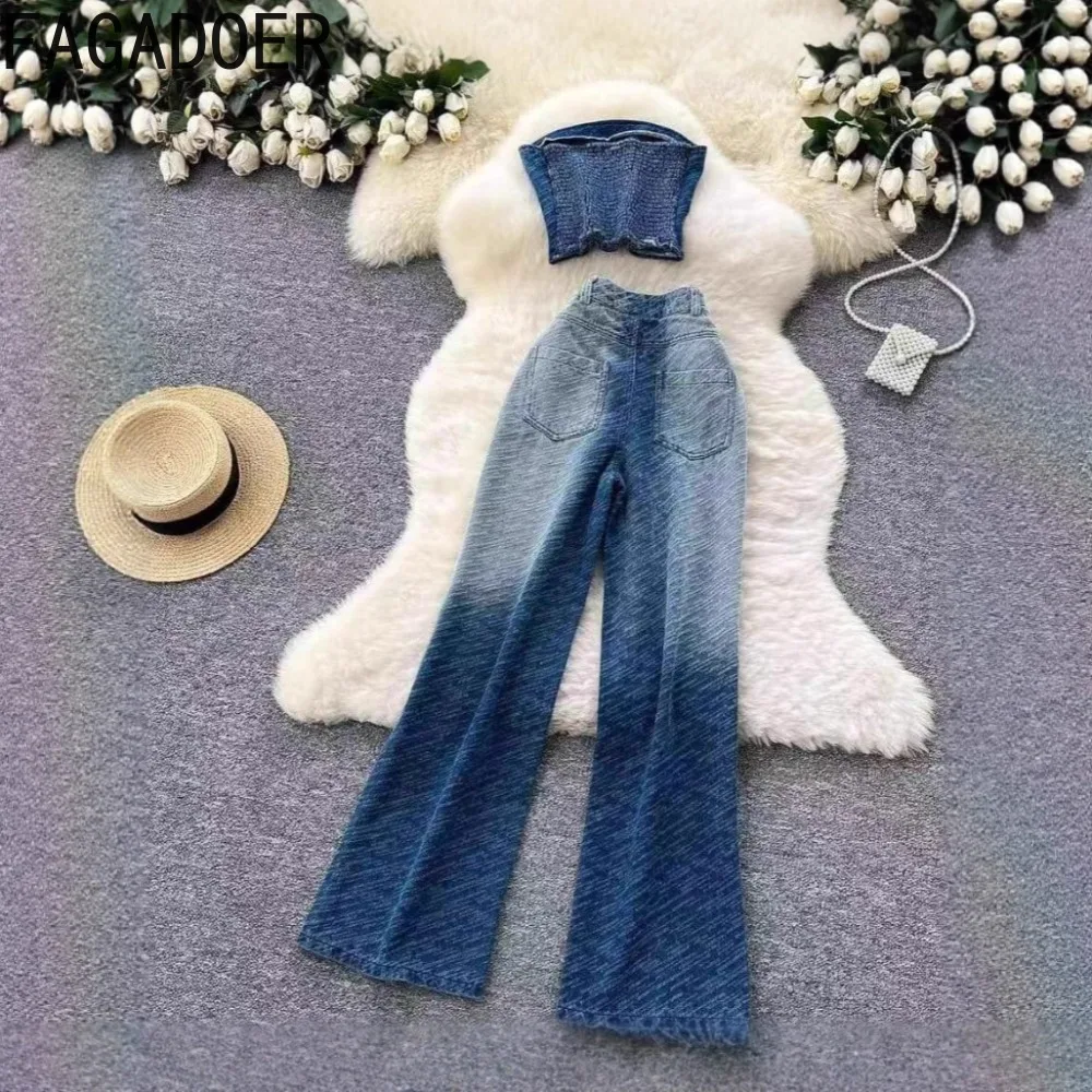 FAGADOER Fashion Gradient Denim 2 Pieces Set for Woman Sleeveless Backless Crop Top and Pants Matching Female Streetwear New