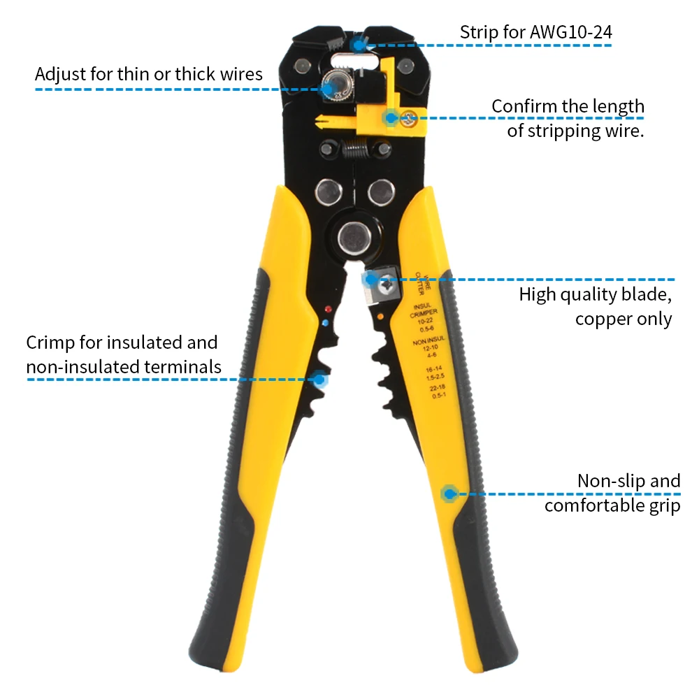 Professional Electrician Wire Tool Set Wire Stripper for AWG 24-10 Crimper Pliers Cable Cutter & Terminal Crimping Hand Tool
