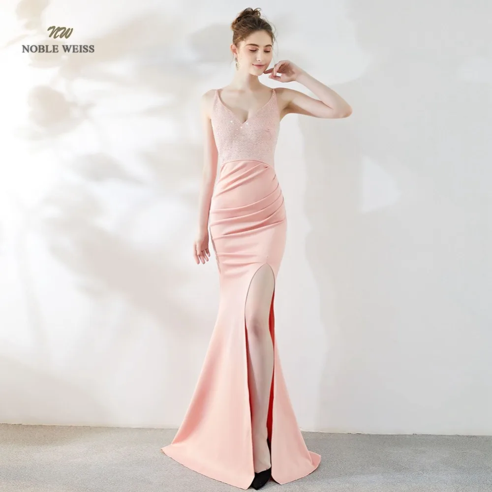 Sexy Prom Dress Satin Bare Back Split Simple Long Crystal V-neck Mermaid Party/Prom Dresses Customized