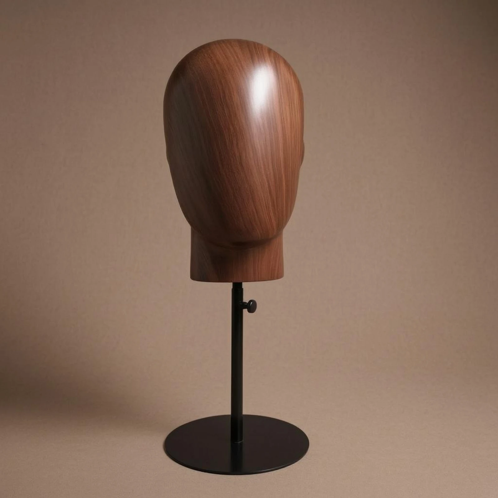 

Head-Shaped Display Stand Adjustable Height Hairpiece Stand Hat Display Head Wood-Grain Finish Beauty Supply Metal Pole
