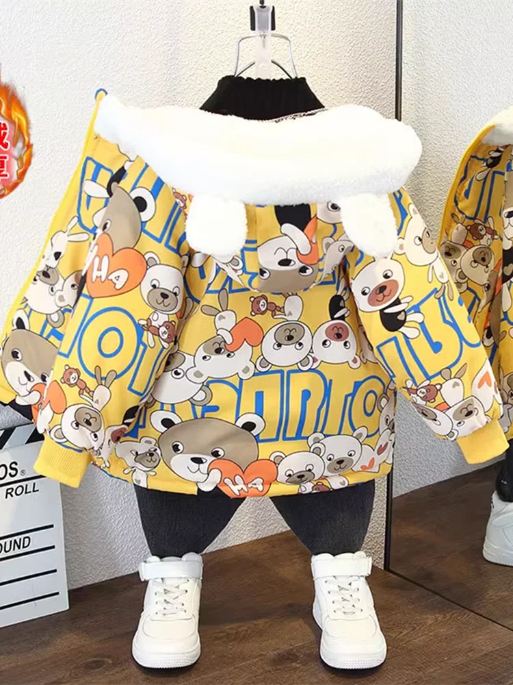 

Утепленная флисовая куртка с капюшоном для мальчиков, теплая осенне-зимняя куртка, детская одежда, хлопковая куртка с мультяшным принтом