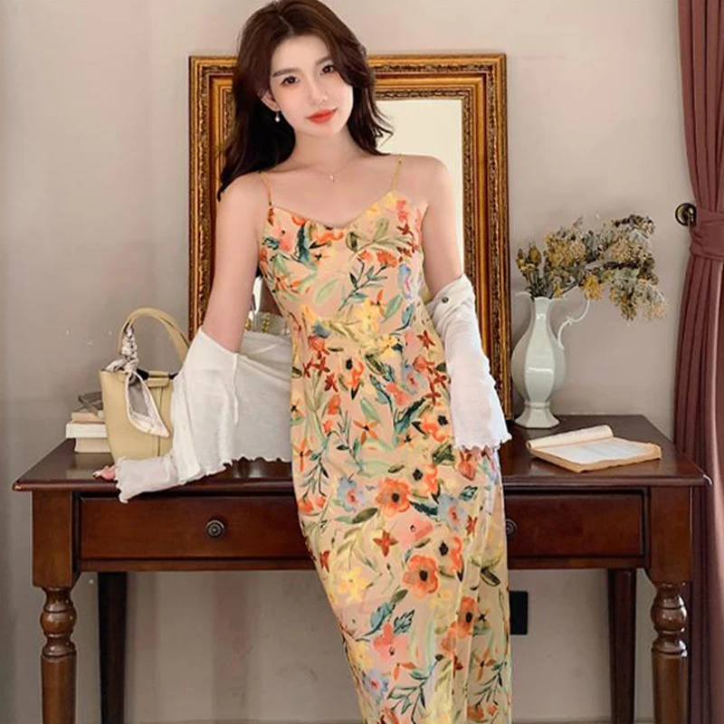 Summer Dress Women Sling Vintage Floral Printed Elegant Sexy Holiday Sundress