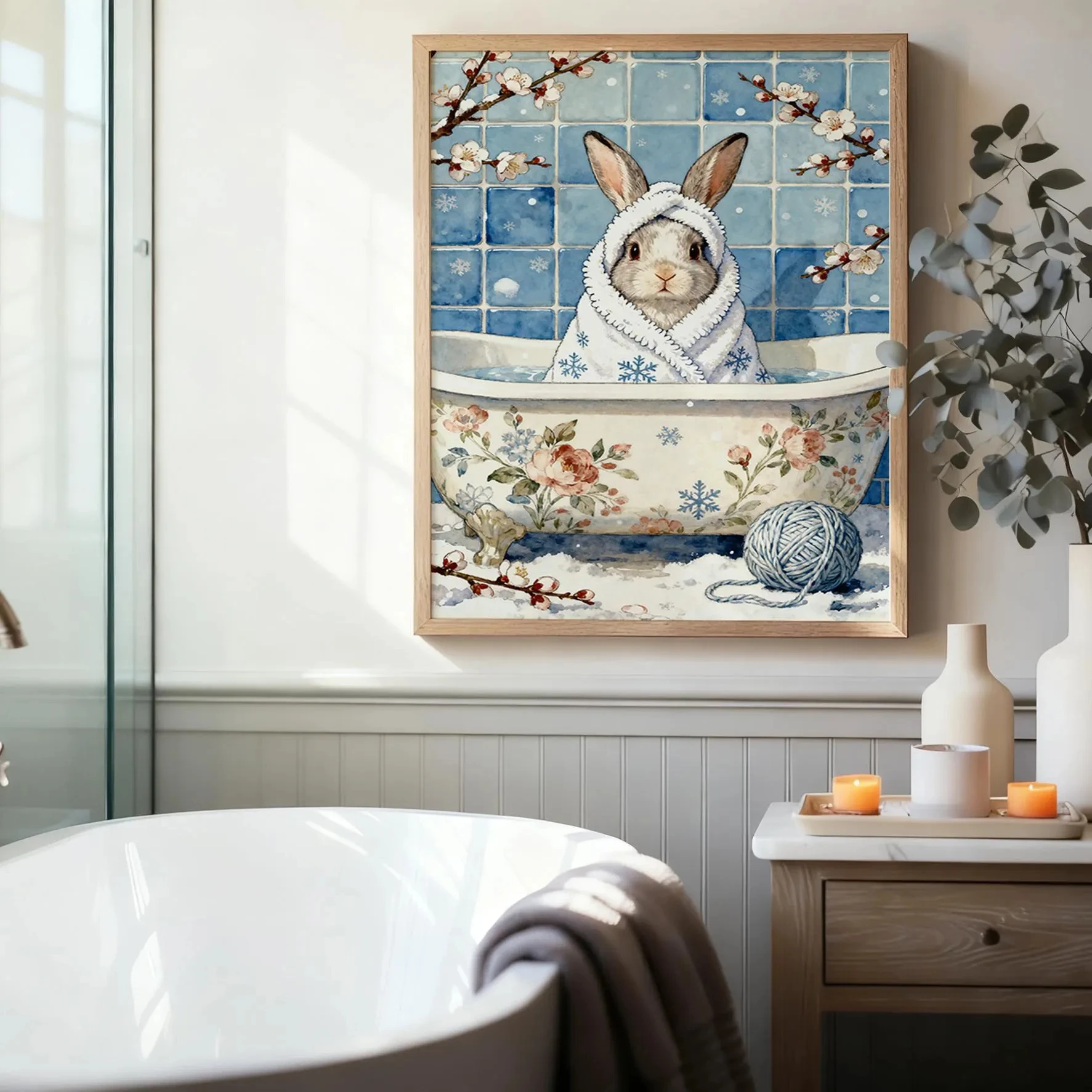 Easter Ribbit Bathroom Poster Whimsical Rabbit in Snowflake Robe Soaking in Floral Tub, Perfect Unframed Wall Art for Easter