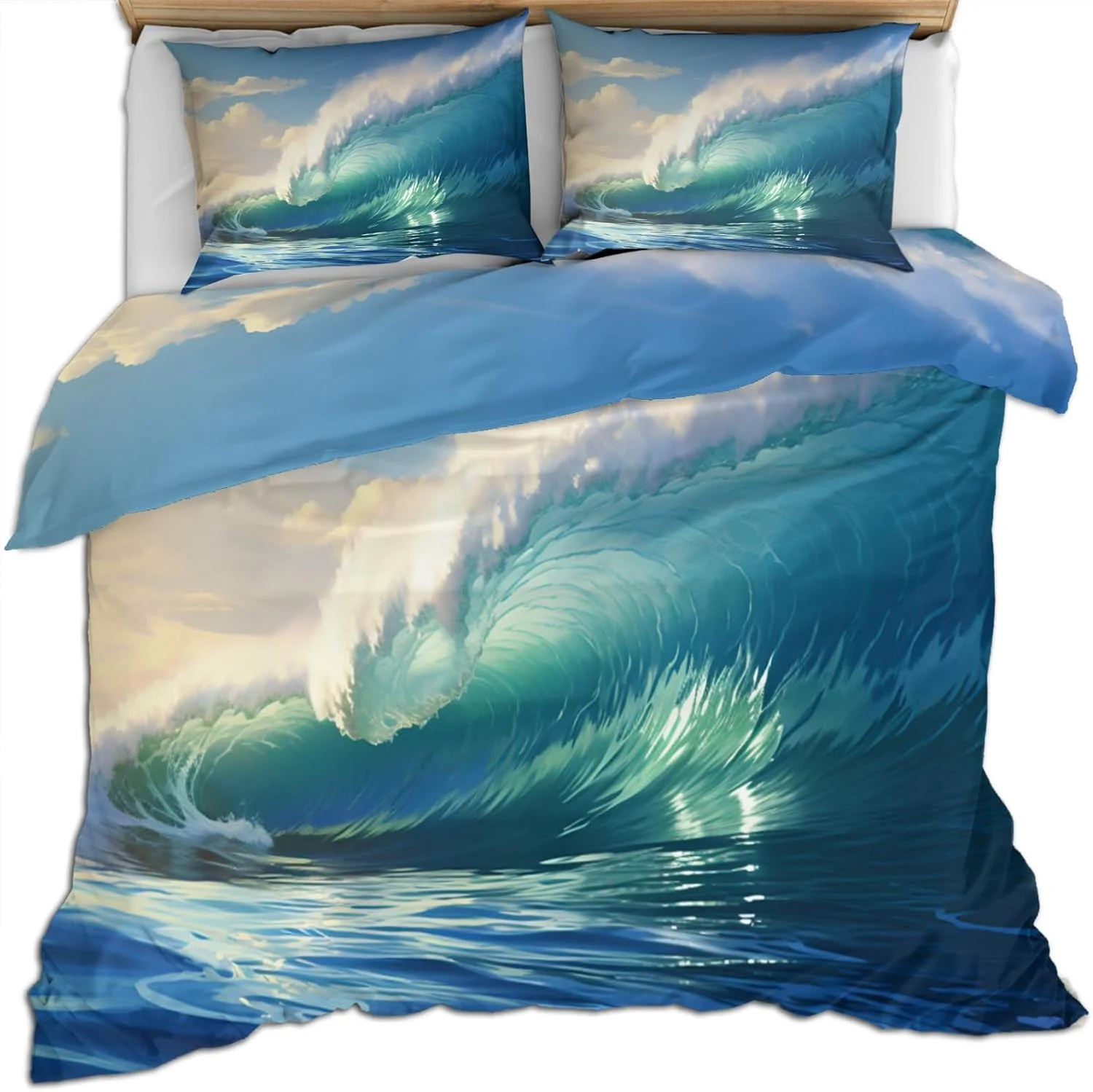 

Waves Duvet Cover, Blue Ocean Comforter Cover Set 3 Piece - Microfiber Sea Bedding California King Size
