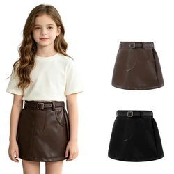Girls Faux Leather Mini Skirt High Waist A-Line with Belt for Kids Birthday Party School Daily Holiday Casual Performance Outfit