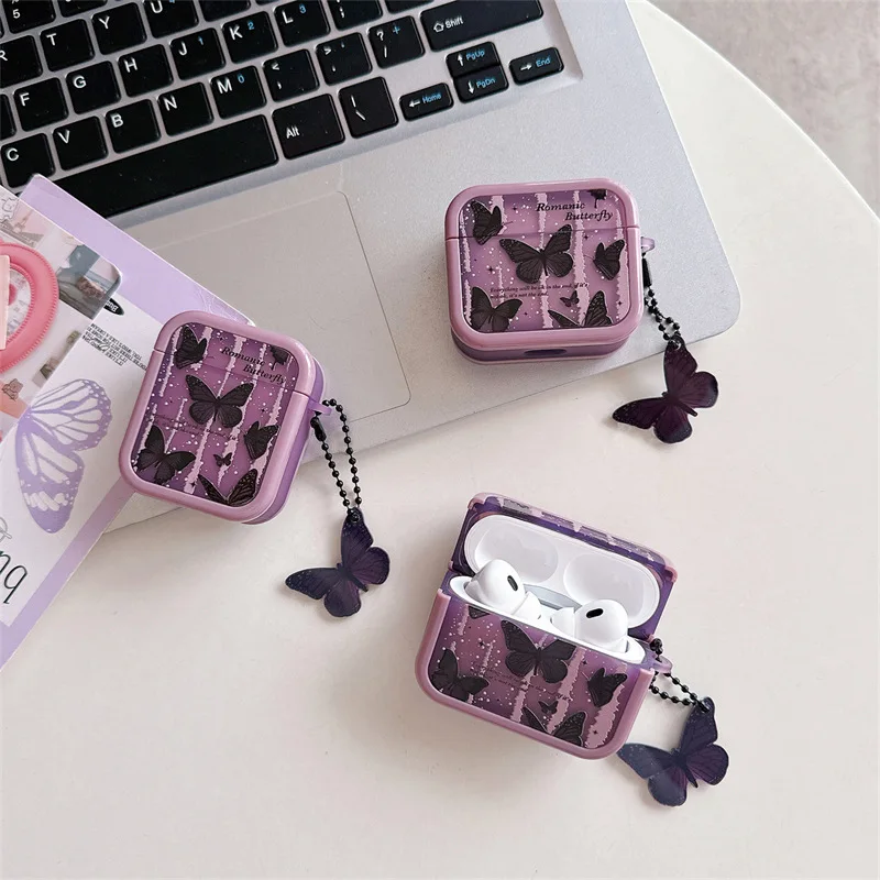 Earphone Case For Apple Airpods 1 2 3 INS Silver Metal Butterfly Pendant Keychain For Airpod Pro 2nd Wireless Charging Box Cases