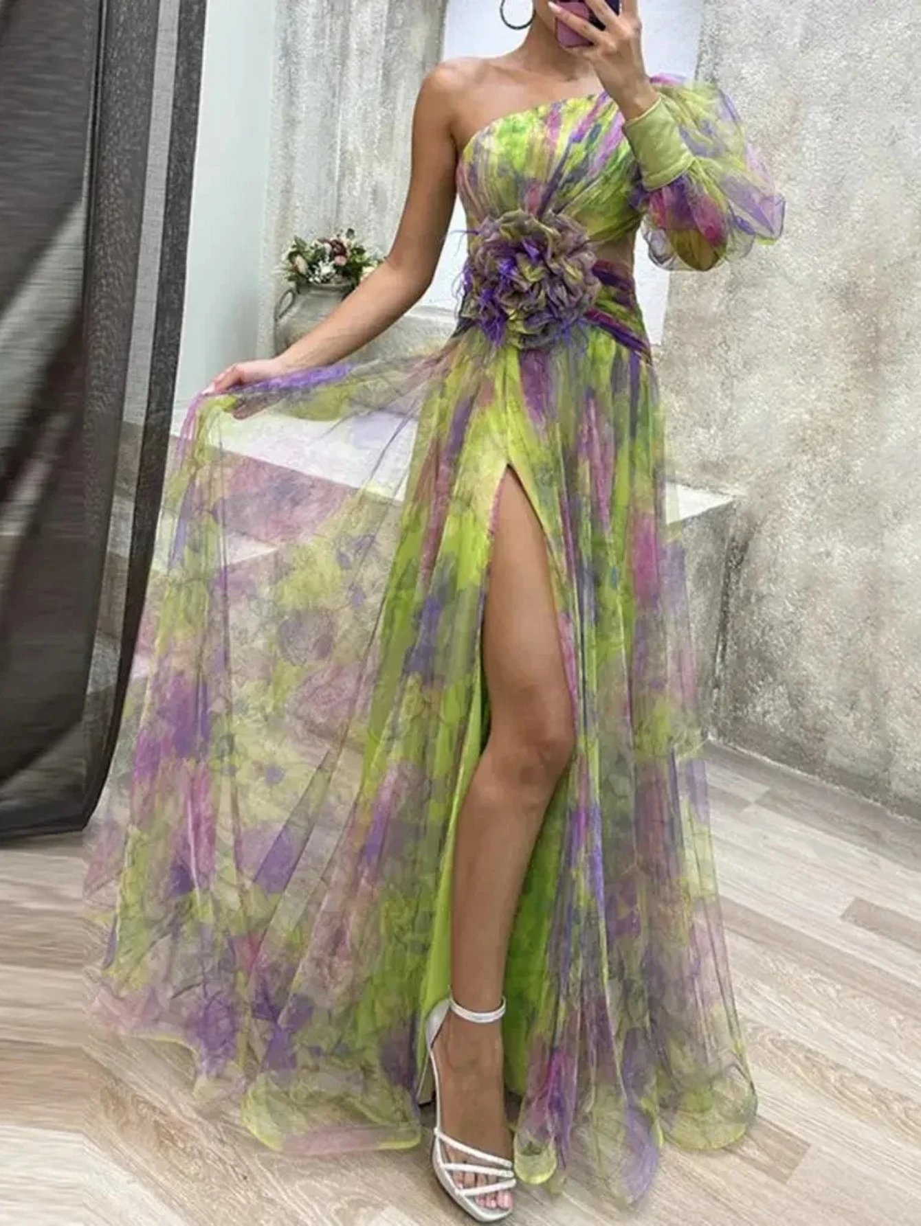 

Elegant Formal Party Dress Elegant One Shoulder Tie-dye Ball Gown with Mesh Bubble Sleeves Split