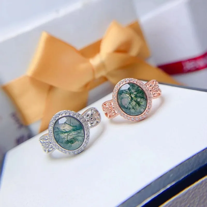 Natural 8*10mm Gold Plated Moss Agate Gemstone 925 Sterling Silver Rings for Women Gold Plated Engagement Wedding Jewelry