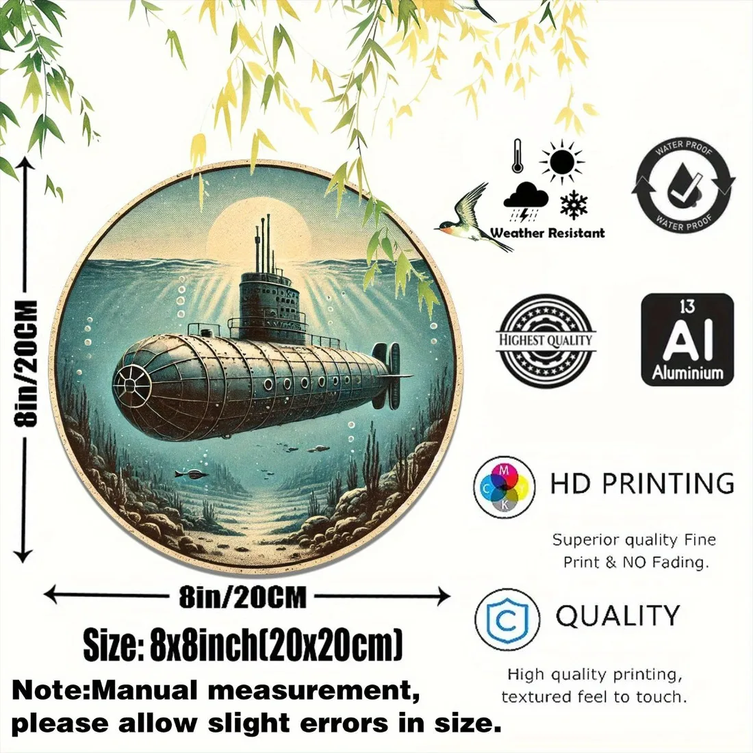 Vintage Submarine Wall Art 8 Inch Aluminum Round Sign, Detailed Marine Life Design for Home Office Cafe Decor