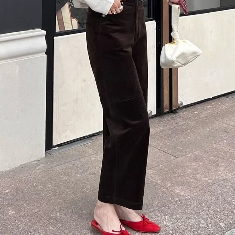 New Fashion Corduroy Straight Pants Women Autumn High End Soft Casual Ankle-Length Pockets Solid Color Office Lady Trousers