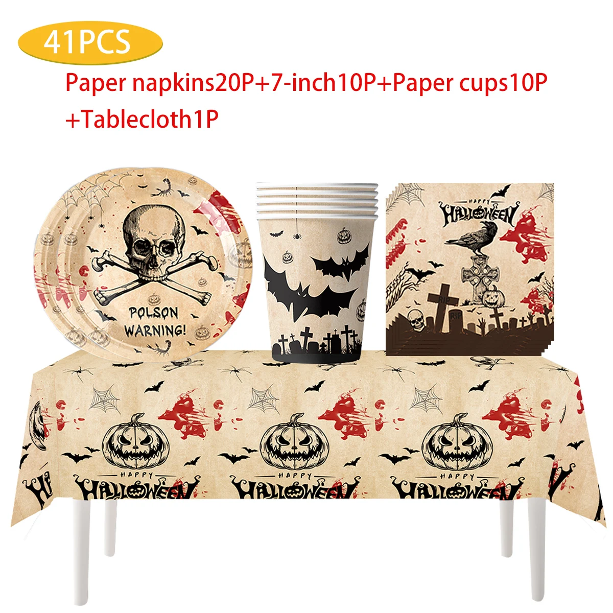 Halloween-themed party tableware, disposable paper plates, paper towels, tablecloth set, Festivals and Attire