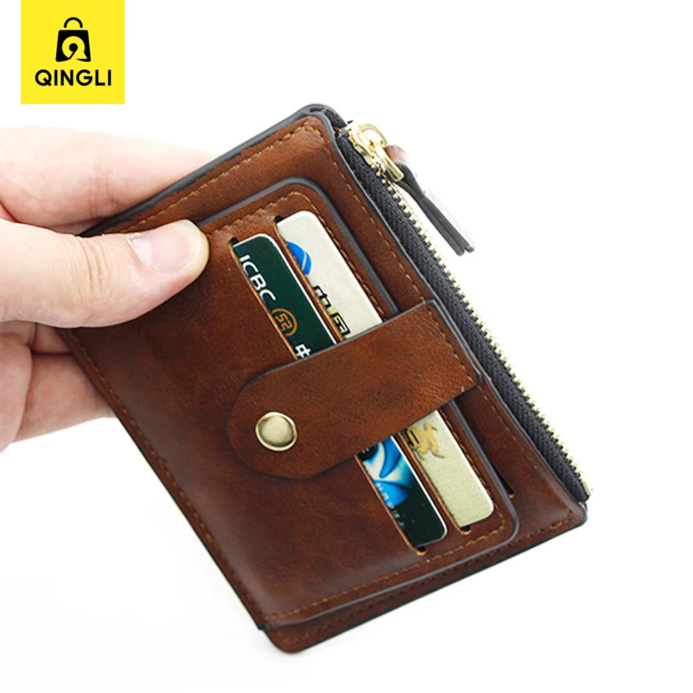 Commuter Thin Wallet Men Women ID Credit Card Holder Hasp Brown Leather Business Purse Zip Coin Pocket Slim Bus Subway Card Pack